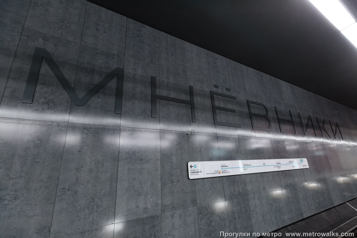 Фотография станции Мнёвники (Большая кольцевая линия, Москва). Название станции на путевой стене крупным планом. В центральной части стены название станции продублировано огромными шрифтом — размером несколько метров.