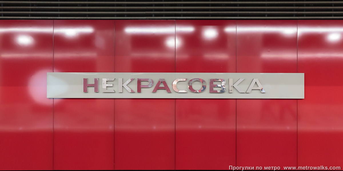 Фотография станции Некрасовка (Некрасовская линия, Москва). Название станции на путевой стене крупным планом.