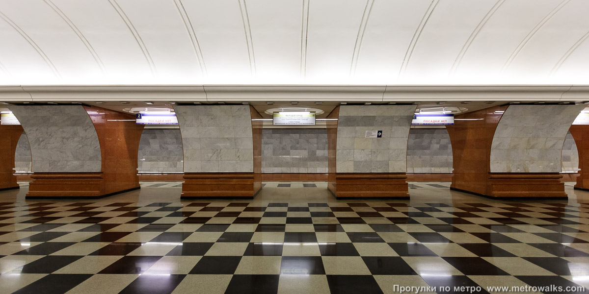 Фотография станции Парк Победы (Солнцевская линия, Москва) — первый зал. Поперечный вид, проходы между пилонами из центрального зала на платформу.