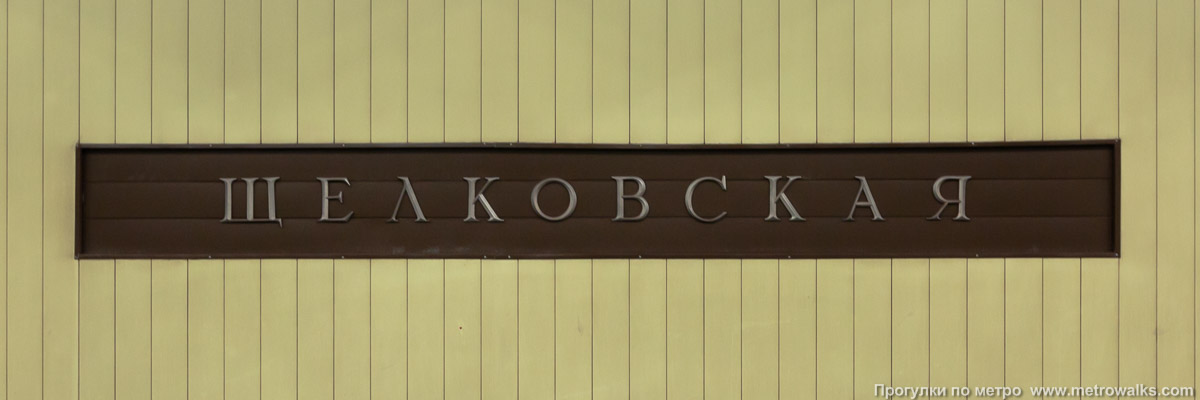 Фотография станции Щёлковская (Арбатско-Покровская линия, Москва). Название станции на путевой стене крупным планом.