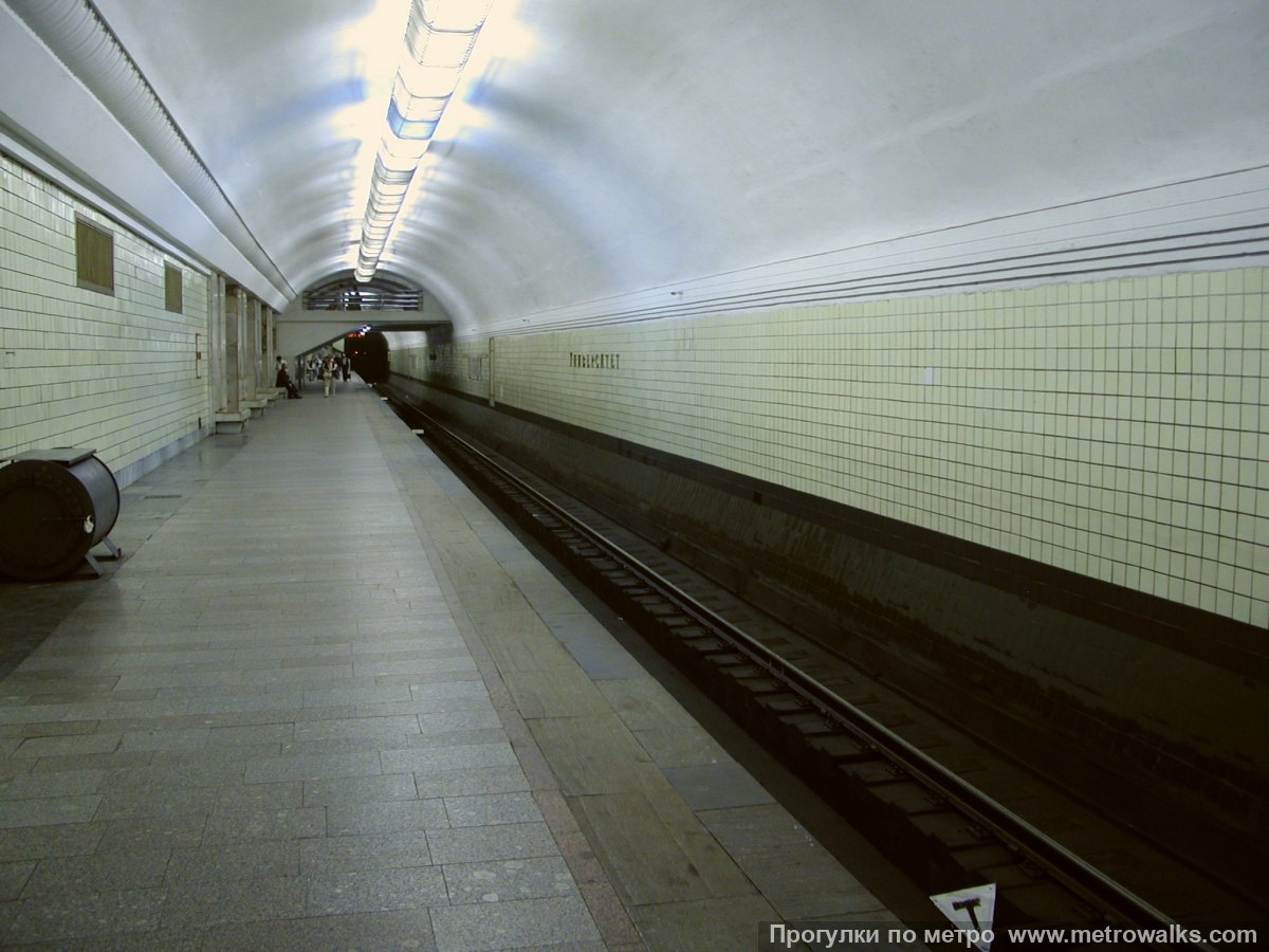 Фотография станции Университет (Сокольническая линия, Москва). Боковой зал станции и посадочная платформа, общий вид.