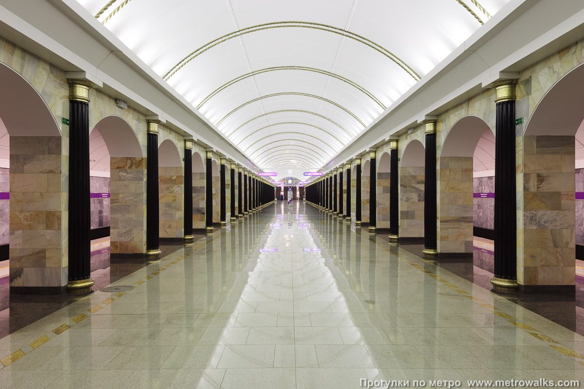 Фотография станции Адмиралтейская (Фрунзенско-Приморская линия, Санкт-Петербург). Центральный зал станции, вид вдоль от глухого торца в сторону выхода.
