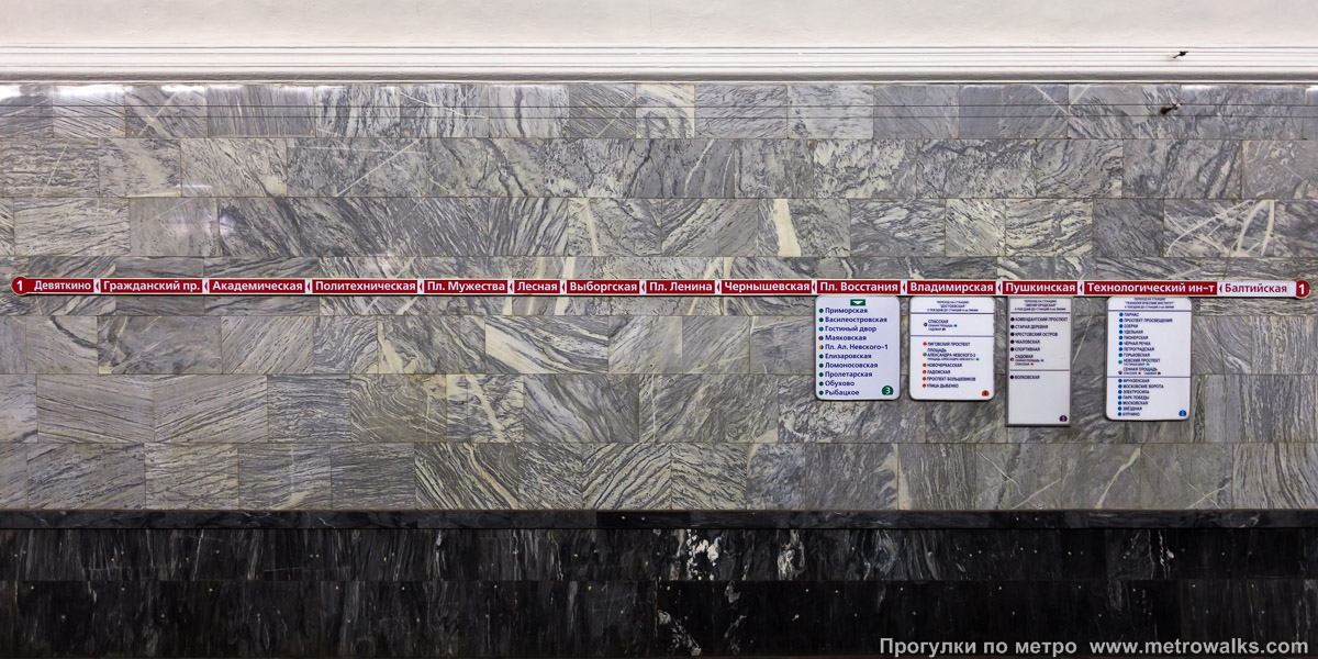 Фотография станции Балтийская (Кировско-Выборгская линия, Санкт-Петербург). Схема линии на путевой стене. Версия 2003 – 10 годов, до наклеивания на стену красной полосы.