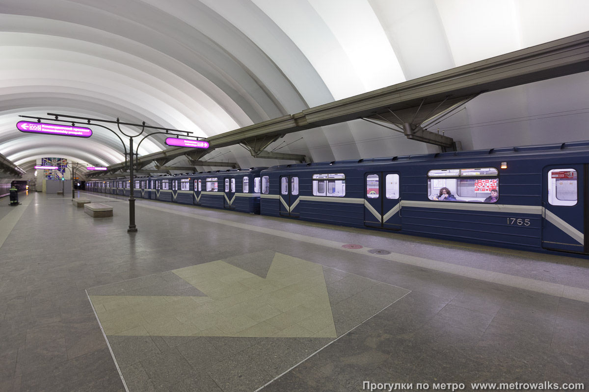 Фотография станции Чкаловская (Фрунзенско-Приморская линия, Санкт-Петербург). Вид по диагонали. Для разнообразия — с поездом.