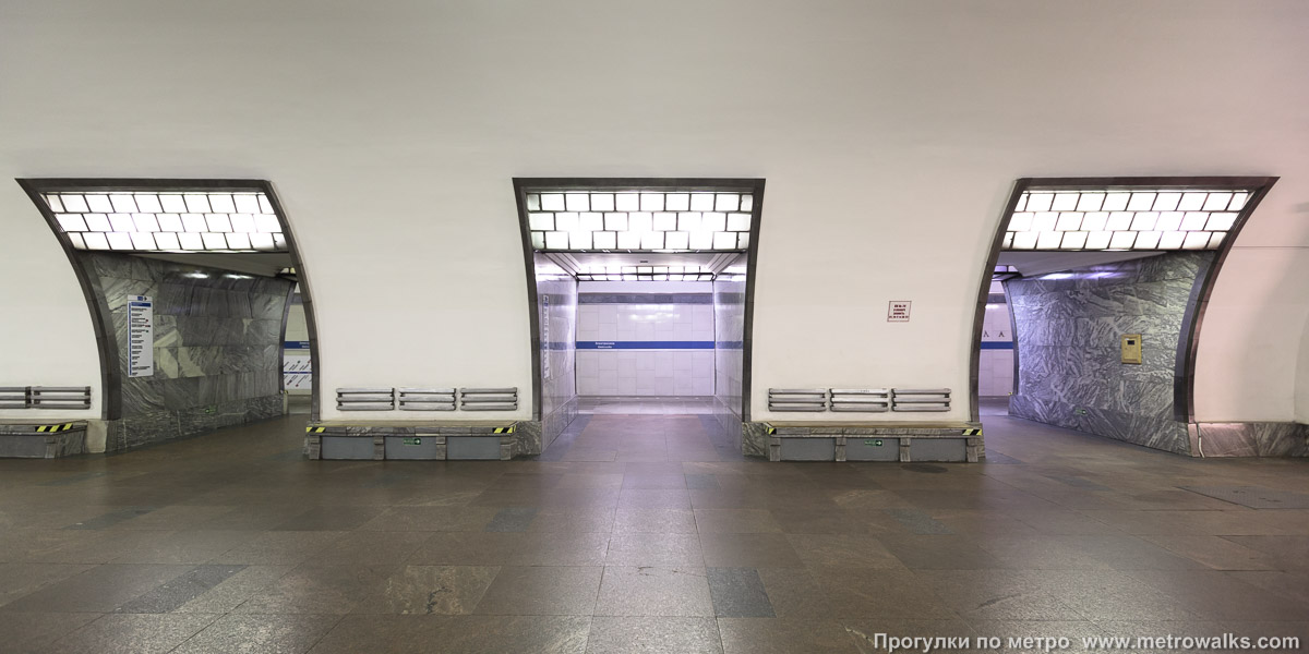 Фотография станции Электросила (Московско-Петроградская линия, Санкт-Петербург). Поперечный вид, проходы между пилонами из центрального зала на платформу.