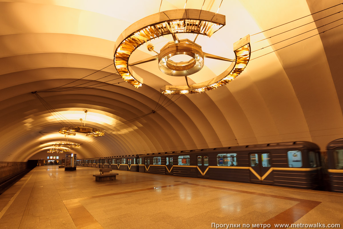 Фотография станции Новочеркасская (Правобережная линия, Санкт-Петербург). Вид по диагонали. Для оживления картинки — с поездом.