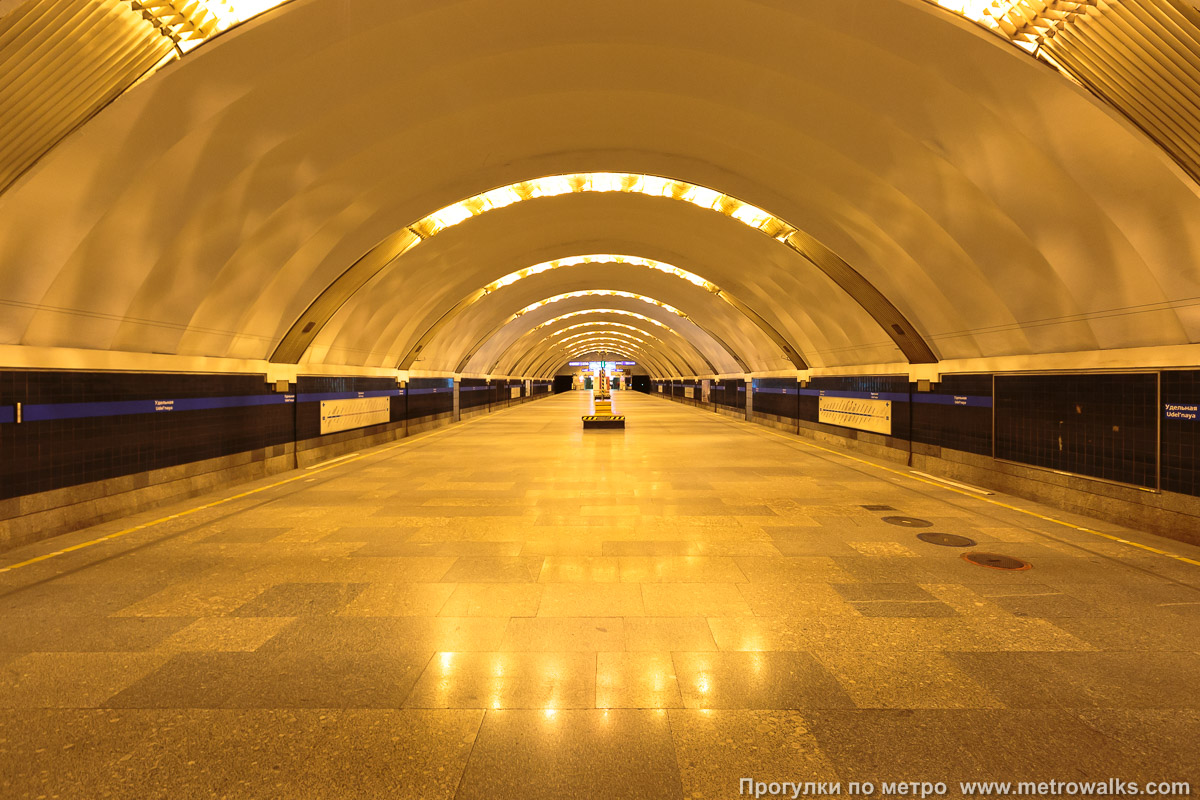 Фотография станции Удельная (Московско-Петроградская линия, Санкт-Петербург). Общий вид по оси станции от глухого торца в сторону выхода. С 2000 до 2016 года станция освещалась оранжевыми натриевыми лампами.
