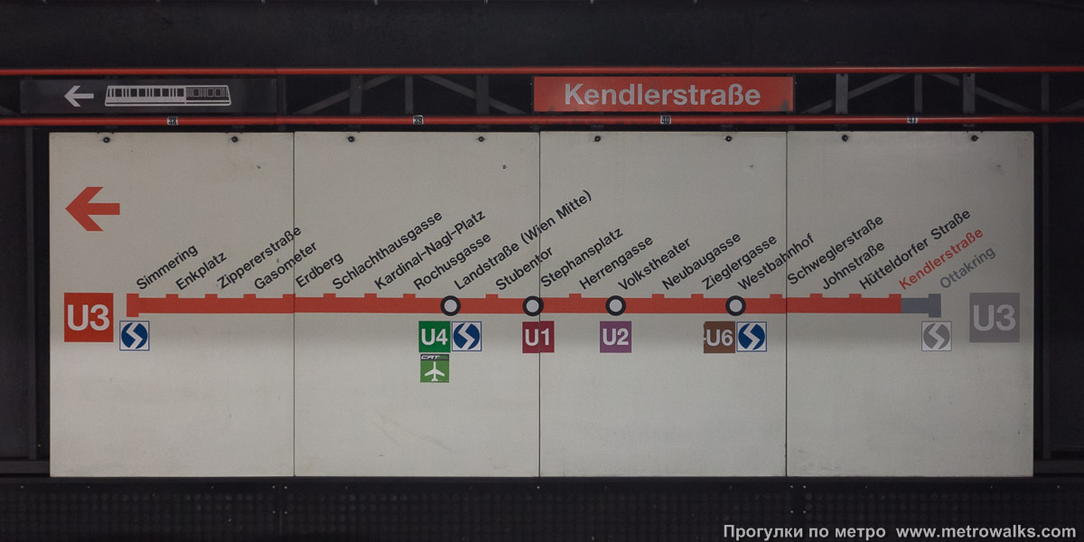 Фотография станции Kendlerstraße [Кендлерштрассе] (U3, Вена). Схема линии на путевой стене.
