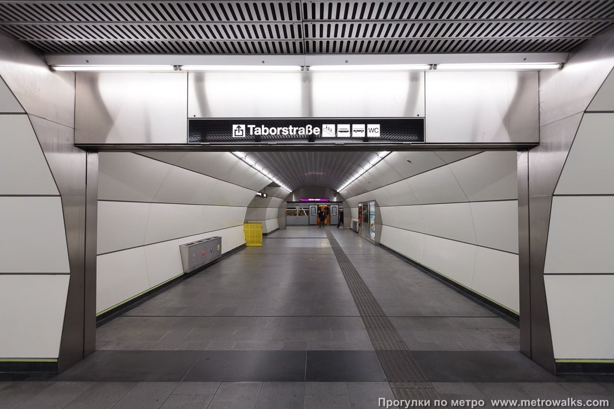 Фотография станции Taborstraße [Таборштрассе] (U2, Вена). Сквозной вид с края платформы через два прохода между пилонами.