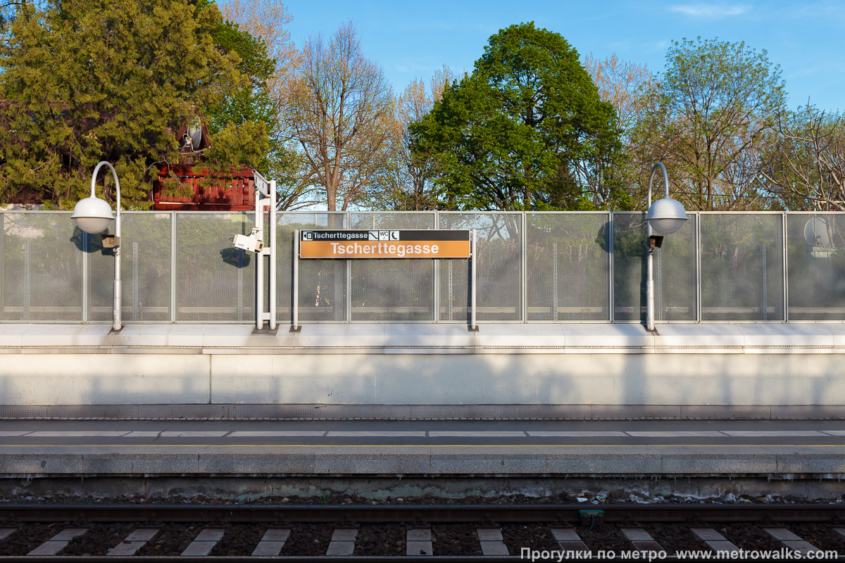 Фотография станции Tscherttegasse [Черттегассе] (U6, Вена). Поперечный вид. Дальняя часть станции, открытая.