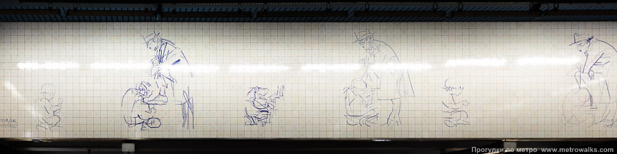 Станция Botanique / Kruidtuin [Ботани́к / Кра́утаун] (линия 2/6, Брюссель). Украшение напротив спуска на станцию. Картина изображает португальского поэта Фернандо Пессоа во время чистки обуви. Автор — португальский художник Жулио Помар (Júlio Pomar).