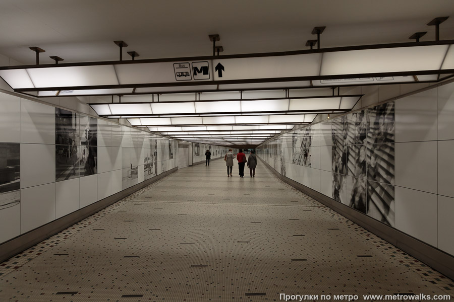 Станция Gare Centrale / Centraal Station [Гар Сентра́ль / Сентра́л стасьо́н] (линия 5, Брюссель). К центральному железнодорожному вокзалу, расположенному в квартале от станции, ведёт длинный подземный переход.