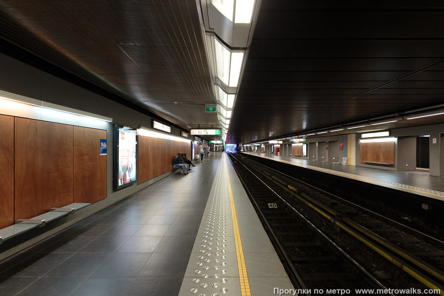 Станция Gare de l'Ouest / Weststation [Гар дё лю́эст / Ве́стстасьо́н] (линия 5, Брюссель). Продольный вид вдоль края платформы. Путь 5-й линии в направлении юго-западных окраин.