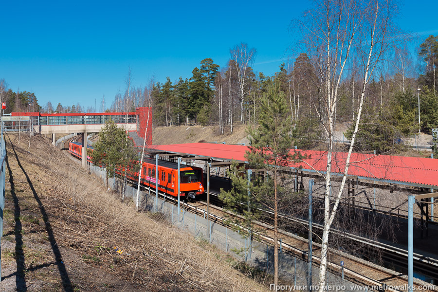 Станция Myllypuro / Kvarnbäcken [Мю́ллюпу́ро] (Хельсинки). Вид станции снаружи. Историческое фото (2009) до реновации.