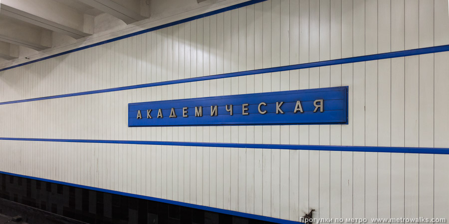 Станция Академическая (Калужско-Рижская линия, Москва). Название станции на путевой стене крупным планом.