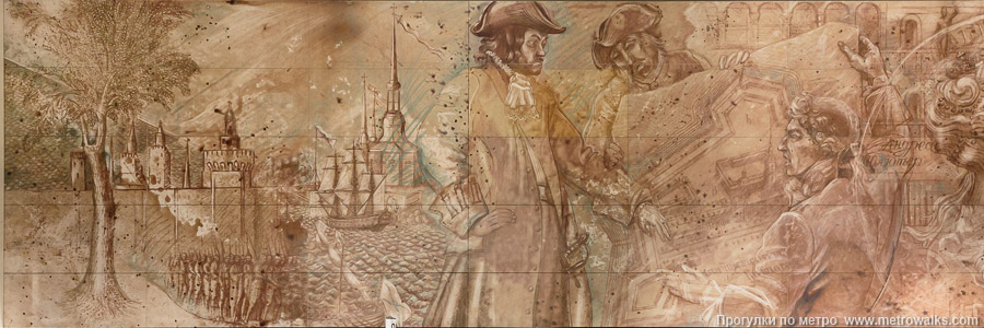 Станция Академическая (Троицкая линия, Москва). На второй стене — исторические сюжеты о становлении академии наук. Панно № 6 (часть 1) — указ Петра I об основании Императорской академии наук.