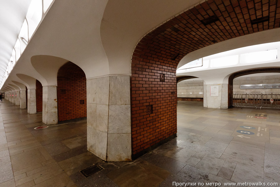 Станция Боровицкая (Серпуховско-Тимирязевская линия, Москва). Вид на пилоны со стороны края платформы.