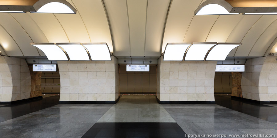 Станция Бутырская (Люблинско-Дмитровская линия, Москва). Поперечный вид, проходы между пилонами из центрального зала на платформу.