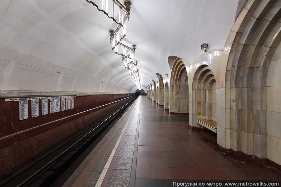 Станция Добрынинская (Кольцевая линия, Москва). Боковой зал станции и посадочная платформа, общий вид.