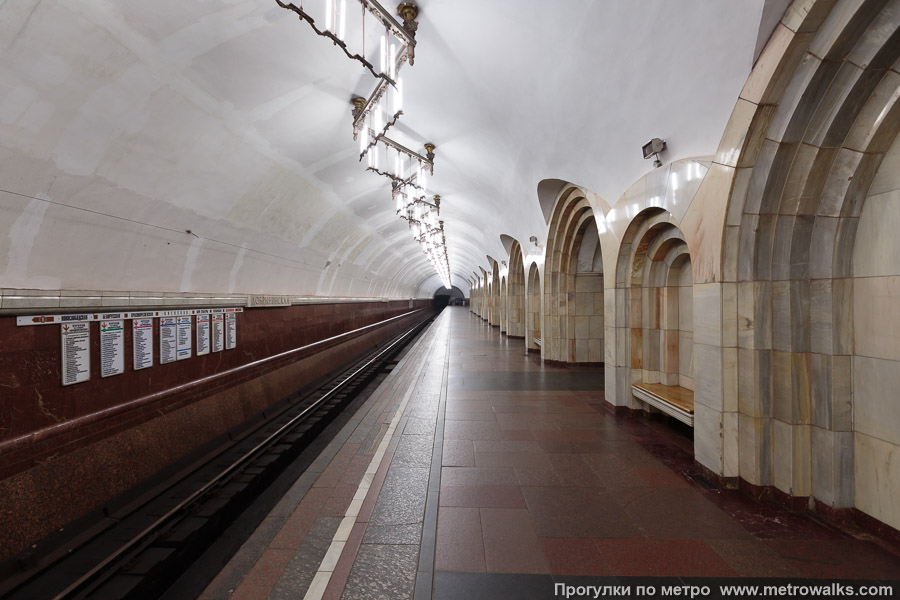 Станция Добрынинская (Кольцевая линия, Москва). Боковой зал станции и посадочная платформа, общий вид.