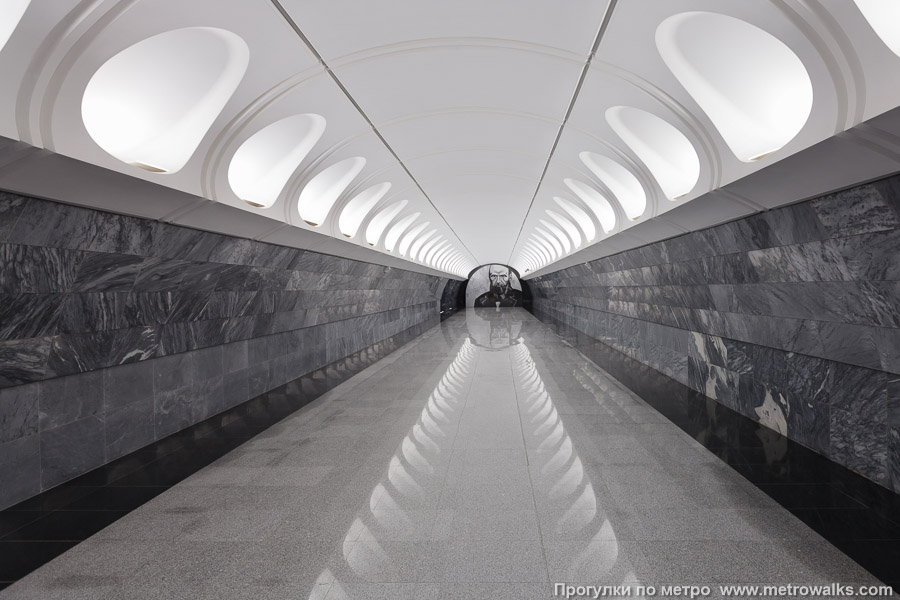 Станция Достоевская (Люблинско-Дмитровская линия, Москва). Переходный коридор к эскалаторам. Достоевский в конце тоннеля.