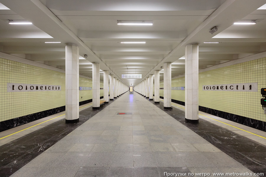 Станция Коломенская (Замоскворецкая линия, Москва). Продольный вид центрального зала. Вид с юга на север (в сторону центра города).