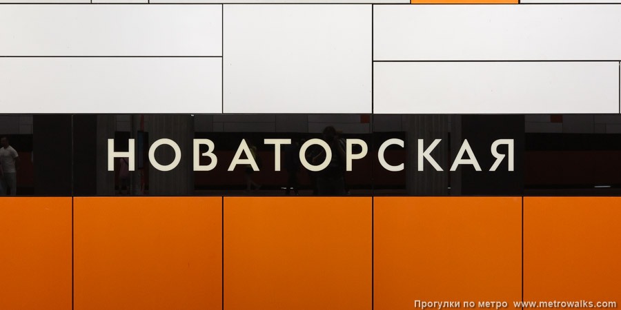 Станция Новаторская (Троицкая линия, Москва). Название станции на путевой стене крупным планом.