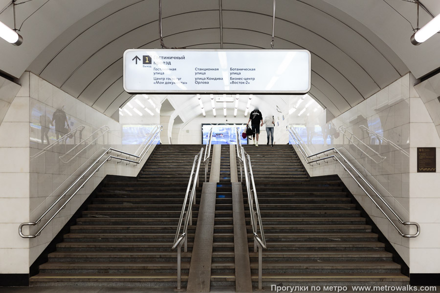 Станция Окружная (Люблинско-Дмитровская линия, Москва). Выход в город, лестница из центрального зала станции в переходный коридор к эскалаторам. Дополнительный южный выход к жилому кварталу с другой стороны железной дороги.