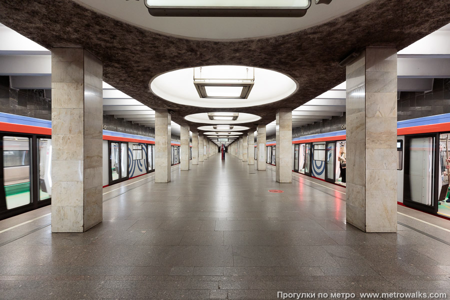 Станция Орехово (Замоскворецкая линия, Москва). Продольный вид центрального зала. C поездами, чтобы добавить яркие цвета в этот строгий серый интерьер.