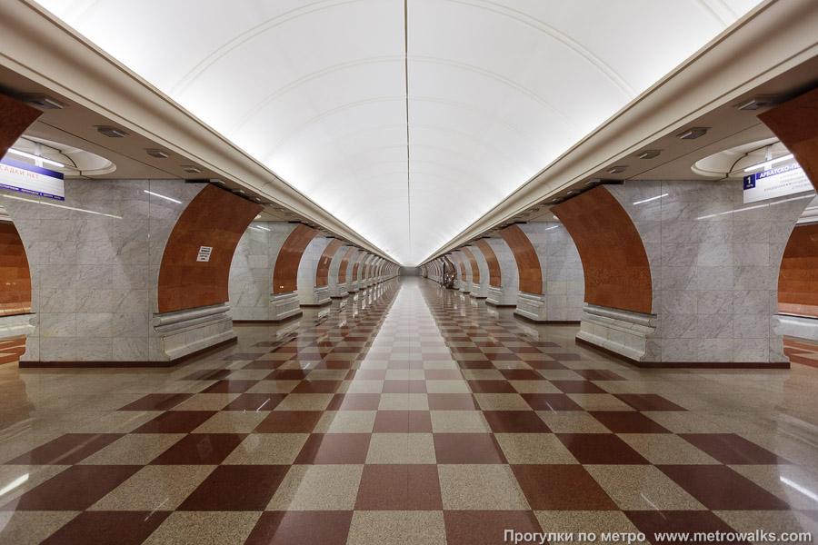Станция Парк Победы (Солнцевская линия, Москва). Продольный вид центрального зала. Северный зал с красными путевыми стенами. Сюда прибывают поезда, следующие из центра.