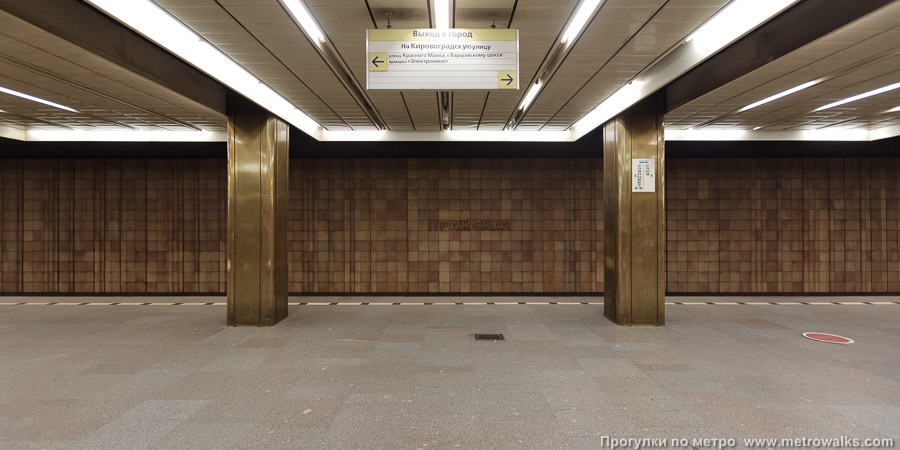 Станция Пражская (Серпуховско-Тимирязевская линия, Москва). Поперечный вид, проходы между колоннами из центрального зала на платформу.