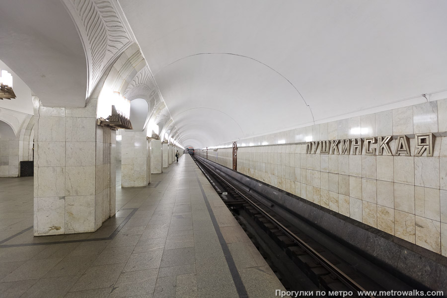 Станция Пушкинская (Таганско-Краснопресненская линия, Москва). Боковой зал станции и посадочная платформа, общий вид.