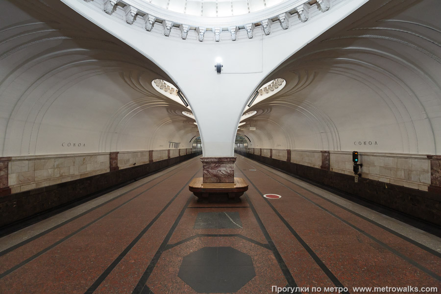 Станция Сокол (Замоскворецкая линия, Москва). Продольный вид по оси станции.