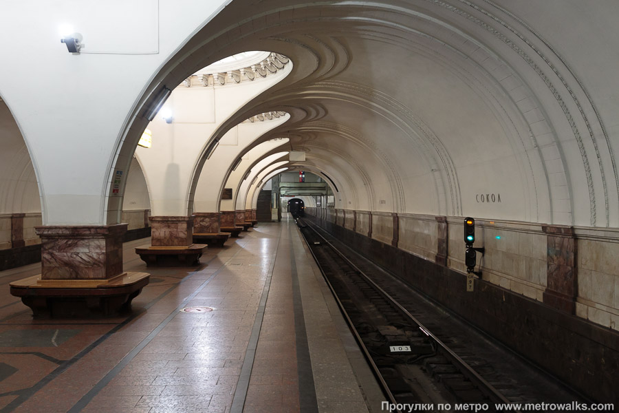 Станция Сокол (Замоскворецкая линия, Москва). Продольный вид вдоль края платформы.