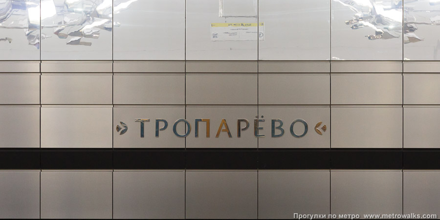 Станция Тропарёво (Сокольническая линия, Москва). Название станции на путевой стене крупным планом.