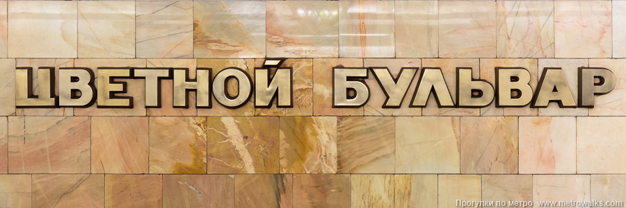Станция Цветной бульвар (Серпуховско-Тимирязевская линия, Москва). Название станции на путевой стене крупным планом.