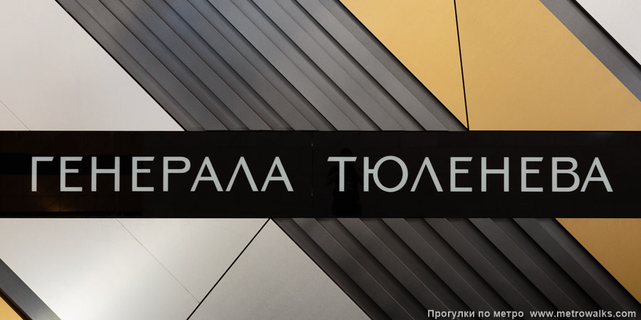 Станция Генерала Тюленева (Троицкая линия, Москва). Название станции на путевой стене крупным планом. На диагонально-пёстром фоне.