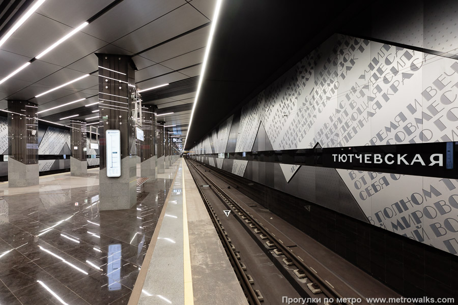 Станция Тютчевская (Троицкая линия, Москва). Боковой зал станции и посадочная платформа, общий вид. Широкоугольный ракурс с названием станции.