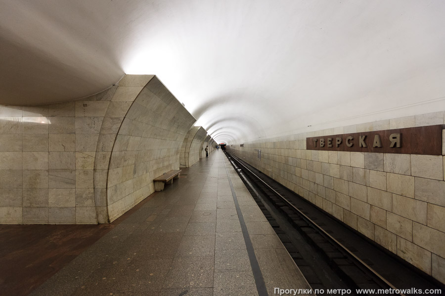 Станция Тверская (Замоскворецкая линия, Москва). Боковой зал станции и посадочная платформа, общий вид.