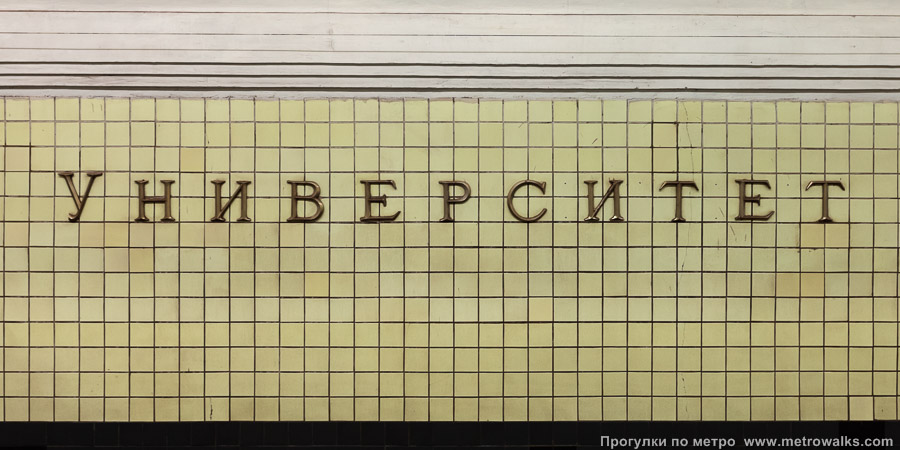 Станция Университет (Сокольническая линия, Москва). Название станции на путевой стене крупным планом.