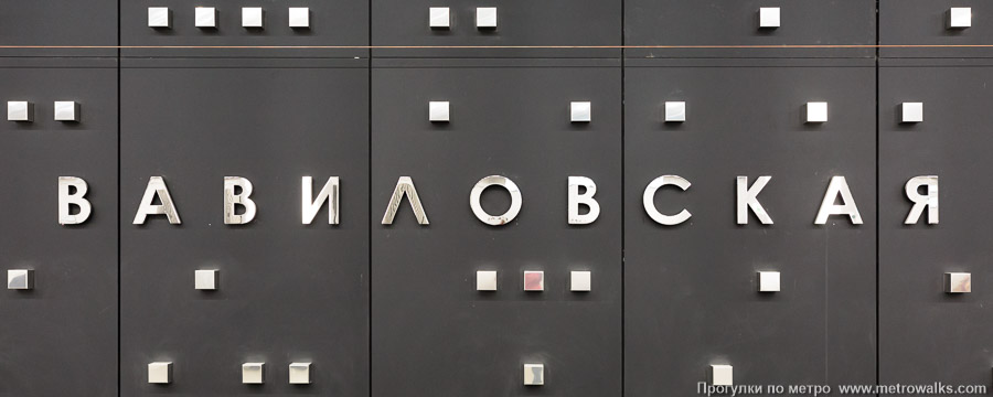 Станция Вавиловская (Троицкая линия, Москва). Название станции на путевой стене крупным планом. Тёмная версия.