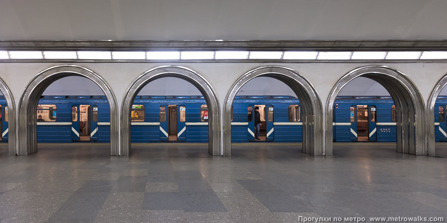 Станция Академическая (Кировско-Выборгская линия, Санкт-Петербург). Поперечный вид, проходы между колоннами из центрального зала на платформу. Для разнообразия — с поездом.