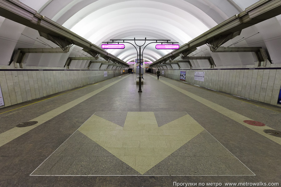 Станция Чкаловская (Фрунзенско-Приморская линия, Санкт-Петербург). Взгляд вниз. Стрелки на платформе символизируют разметку взлётно-посадочной полосы.