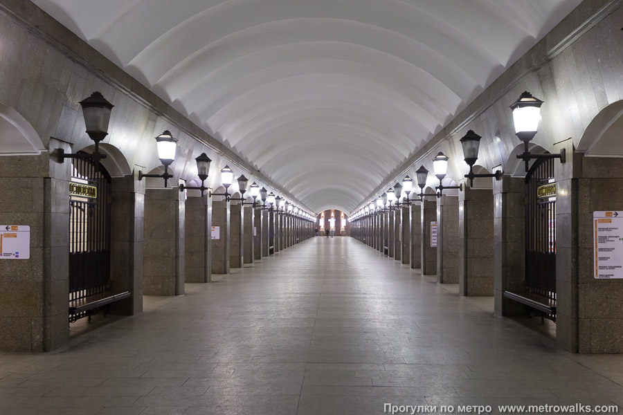 Станция Достоевская (Правобережная линия, Санкт-Петербург). Продольный вид центрального зала. Менее широкоугольно.