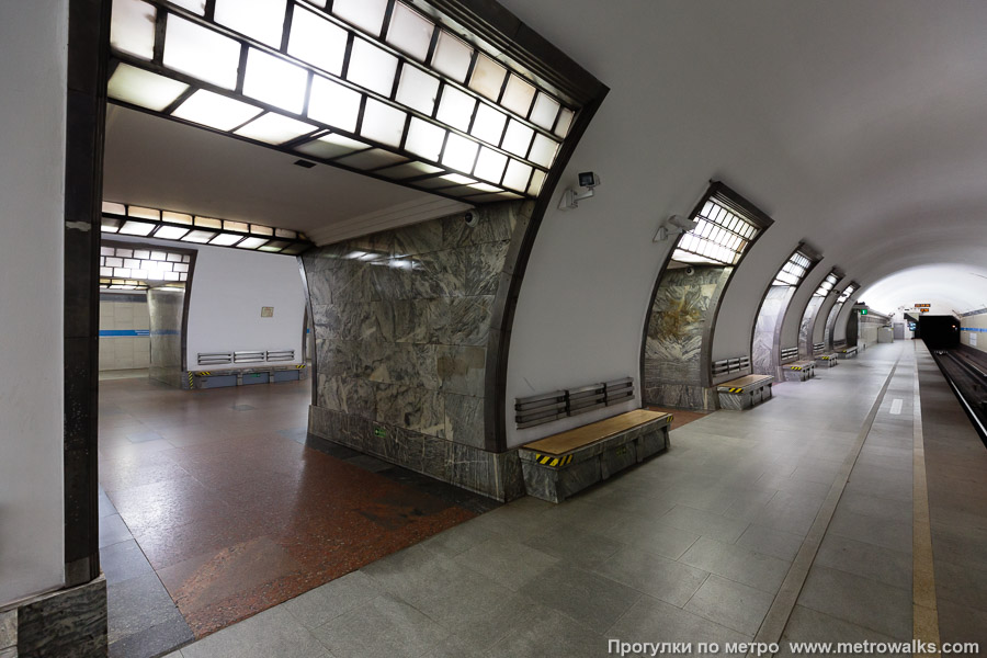 Станция Электросила (Московско-Петроградская линия, Санкт-Петербург). Вид на пилоны со стороны края платформы.