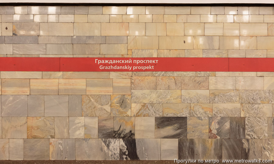 Станция Гражданский проспект (Кировско-Выборгская линия, Санкт-Петербург). Декоративное оформление путевой стены крупным планом. Мрамор «Газган» разнообразен, его цвет на разных участках очень отличается.