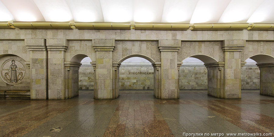 Станция Крестовский остров (Фрунзенско-Приморская линия, Санкт-Петербург). Поперечный вид, проходы между колоннами из центрального зала на платформу. Видно, что проходы между колоннами — разной ширины.