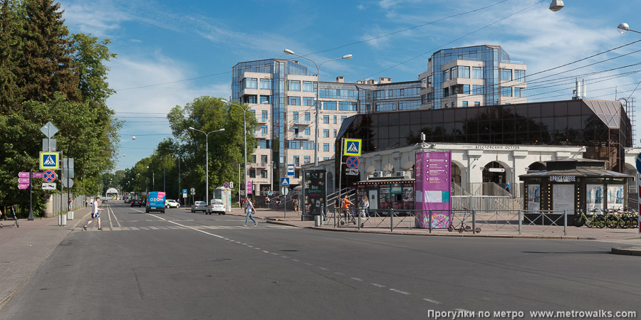 Станция Крестовский остров (Фрунзенско-Приморская линия, Санкт-Петербург). Общий вид окрестностей станции. Перекрёсток Рюхиной улицы с Морским проспектом.