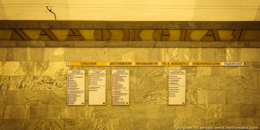 Станция Ладожская (Правобережная линия, Санкт-Петербург). Название станции на путевой стене и схема линии.