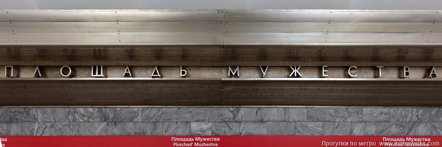 Станция Площадь Мужества (Кировско-Выборгская линия, Санкт-Петербург). Название станции на путевой стене крупным планом.